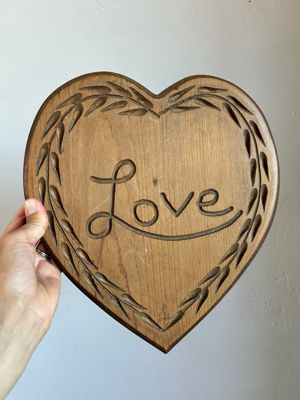 Vintage Hand-Carved Wood “Love” Heart Plaque | 1983 Folk Art